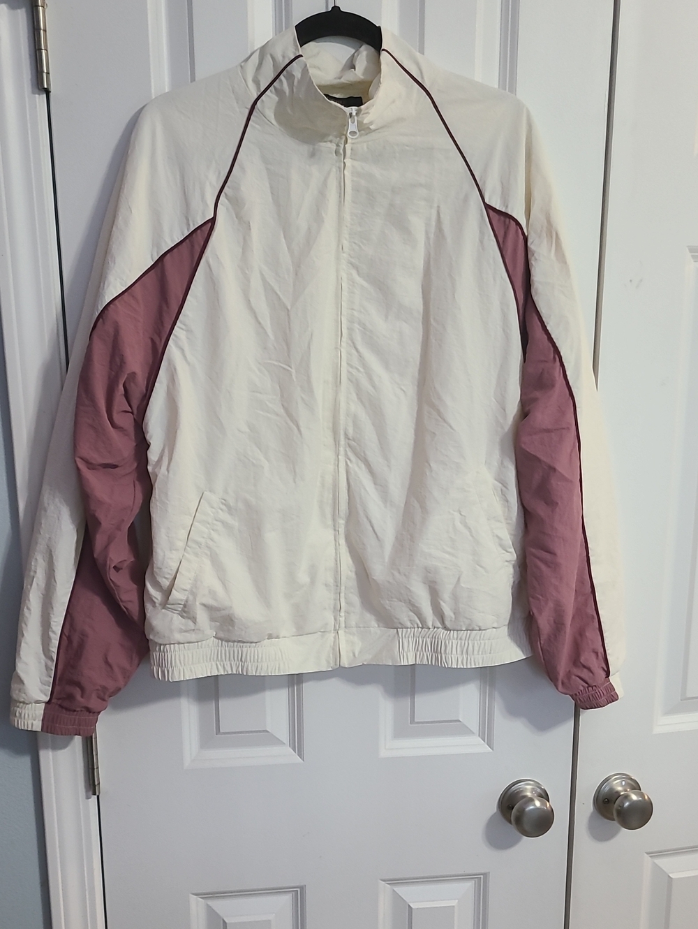 Women’s White Windbreaker Jacket with Dusty Rose Panels